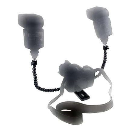 Flexible Dual Arm Hot Shoe Bracket for Camera Lighting mounted on camera with two adjustable flash arms and strap for stable dual light positioning