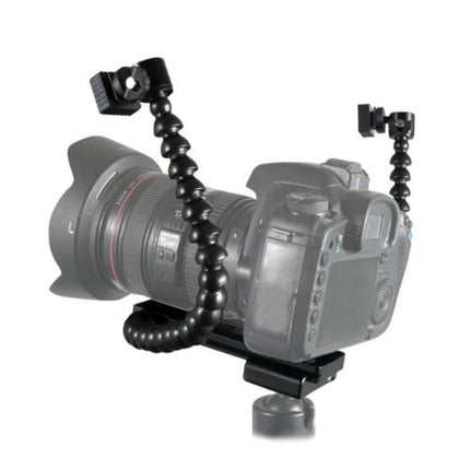 Flexible Dual Arm Hot Shoe Bracket for Camera Lighting mounted on DSLR with two adjustable arms holding lights