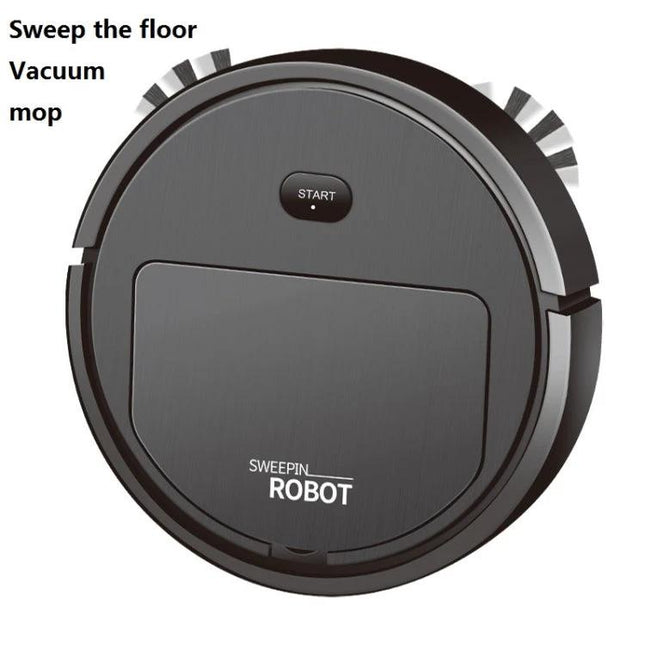 Automatic Black Sweeping Robot for Household Cleaning compact black plastic design vacuum mop robot navigating around furniture for tile and wood floors