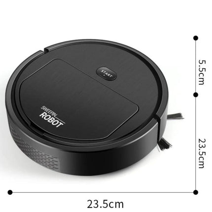Automatic Black Sweeping Robot for Household Cleaning compact black round vacuum robot on tile, 23.5cm diameter, obstacle-steering design