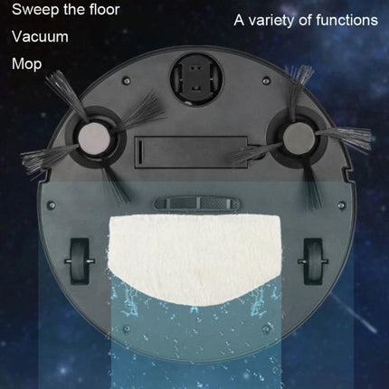 Automatic Black Sweeping Robot for Household Cleaning showing underside with side brushes, mop pad and compact black plastic design
