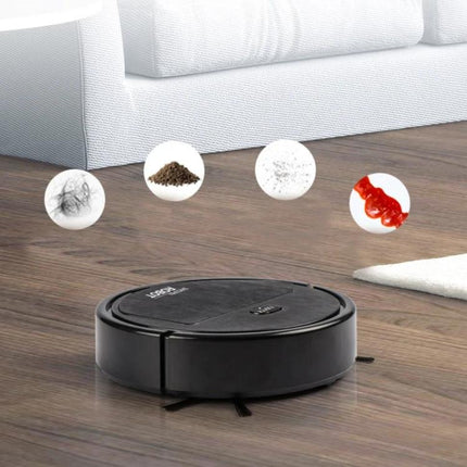 Automatic Black Sweeping Robot for Household Cleaning showing compact black robot vacuum on wood floor picking up hair, crumbs, dust and spills