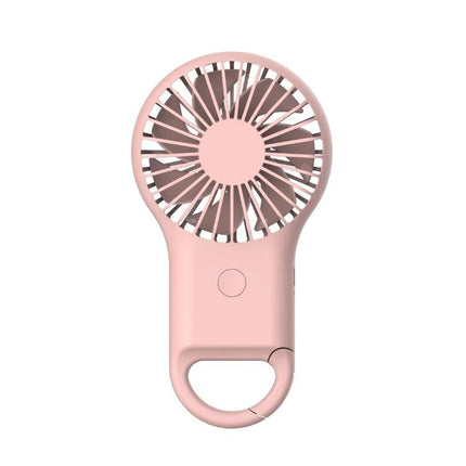 Compact Portable Handheld Mini Fan with USB Charging and LED Lights in pink, lightweight pocket-sized design with ring handle
