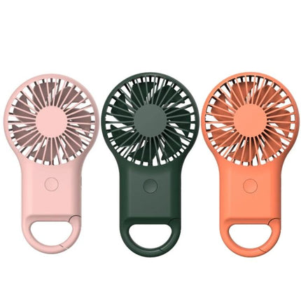 Compact Portable Handheld Mini Fan with USB Charging and LED Lights - three pastel pink, green, and orange handheld fans with USB recharge and LED button