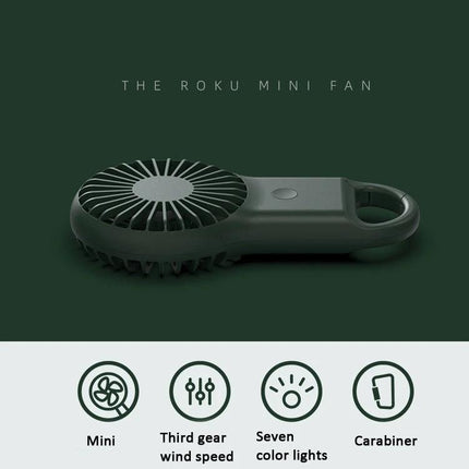 Compact Portable Handheld Mini Fan with USB Charging and LED Lights - compact green Roku mini fan with carabiner, 3-speed, seven-color LEDs, USB charging