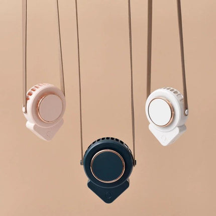 Compact USB-Powered Hanging Neck Fan for Outdoor Activities - three portable hanging neck fans in white, pink, and navy, hands-free cooling