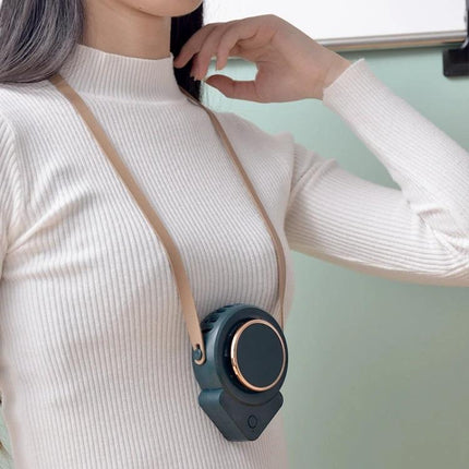 Compact USB-Powered Hanging Neck Fan for Outdoor Activities worn around neck showing hands-free portable cooling device