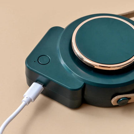 Compact USB-Powered Hanging Neck Fan for Outdoor Activities shown close-up charging via USB with teal circular control and gold trim