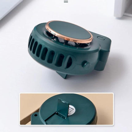 Compact USB-Powered Hanging Neck Fan for Outdoor Activities showing green portable clip-on unit with rose-gold trim, USB-powered hands-free cooling