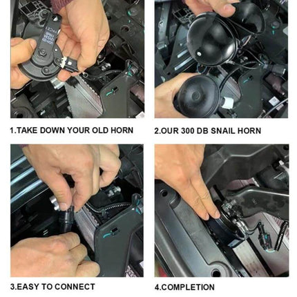 110dB 12V Snail Speaker Pair for Motorcycle and Car Waterproof 30W showing step-by-step horn removal and installation in vehicle (hands connecting wiring)