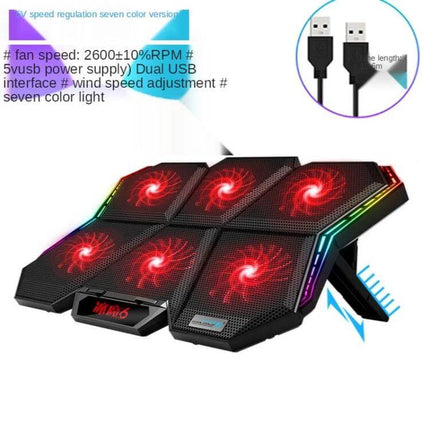 Coolcold RGB Laptop Cooling Base with Six Adjustable Fans showing six red LED fans, RGB trim, dual USB cables and adjustable stand