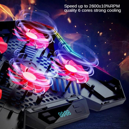 Coolcold RGB Laptop Cooling Base with Six Adjustable Fans showing six glowing RGB fans, digital display, and elevated ergonomic laptop cooling stand