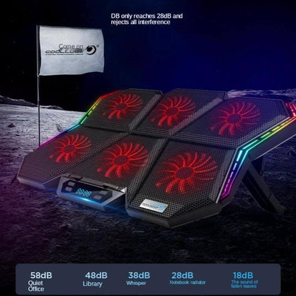 Coolcold RGB Laptop Cooling Base with Six Adjustable Fans showing six red LED fans, RGB side lights, adjustable stand and digital display