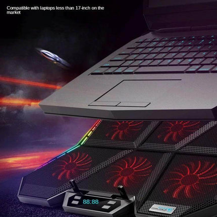 Coolcold RGB Laptop Cooling Base with Six Adjustable Fans showing six red LED fans, RGB trim, laptop elevated and control panel