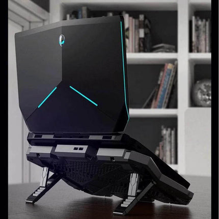 Coolcold RGB Laptop Cooling Base with Six Adjustable Fans showing six-fan elevated stand with subtle RGB lighting, ideal for gaming and work