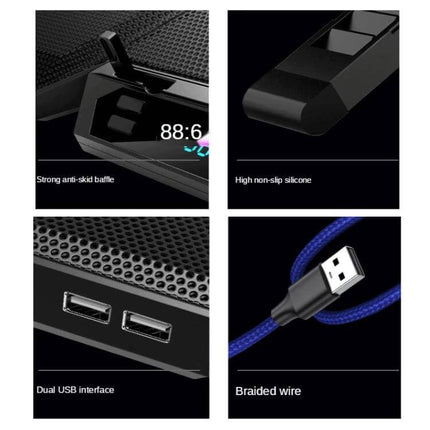 Coolcold RGB Laptop Cooling Base with Six Adjustable Fans showing anti-skid baffle, high non-slip silicone, dual USB ports and braided USB cable