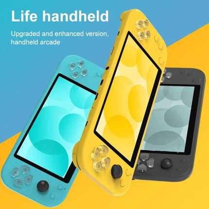 X20 Life Classic Handheld Game Console with 5.1-Inch Screen in yellow, teal and gray showing front view and buttons for retro gaming and multimedia