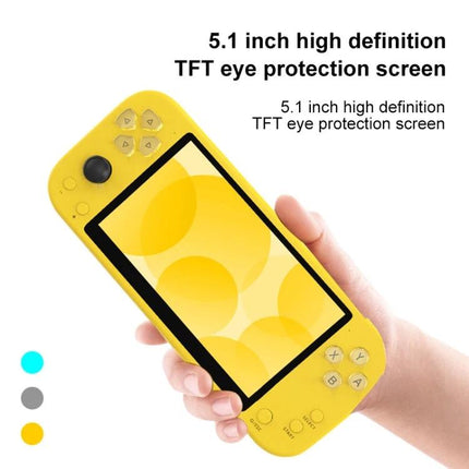 X20 Life Classic Handheld Game Console with 5.1-Inch Screen — yellow handheld retro gaming console with 5.1-inch TFT screen in hand