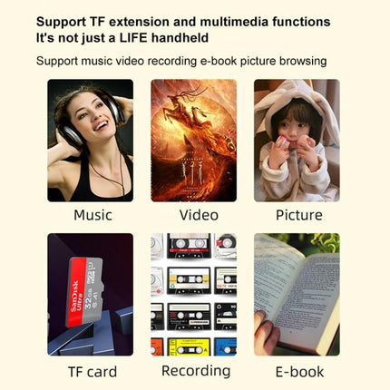 X20 Life Classic Handheld Game Console with 5.1-Inch Screen showing music, video, picture, TF card, recording and e-book multimedia features
