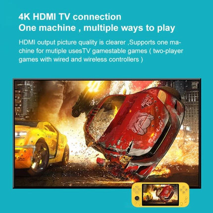X20 Life Classic Handheld Game Console with 5.1-Inch Screen connected to TV via 4K HDMI showing racing game and handheld display