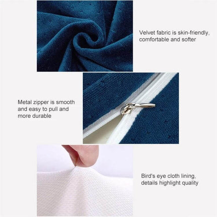 Butterfly Shape Memory Foam Cervical Pillow 50x30x10x6cm Neck Support velvet cover, metal zipper, breathable bird’s eye lining, close-up fabric details