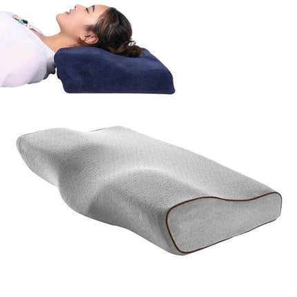 Butterfly Shape Memory Foam Cervical Pillow 50x30x10x6cm Neck Support showing contoured butterfly design supporting head and neck for side sleeping