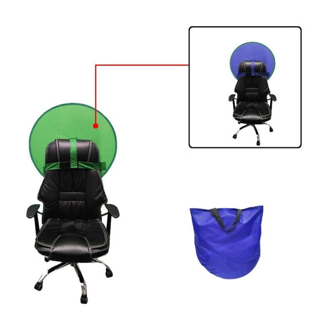 Folding E-Sports Background Cloth in Blue and Green shown attached to gaming chair, dual-sided polyester backdrop with carry bag