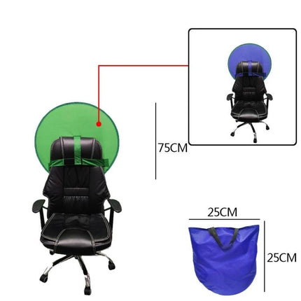 Folding E-Sports Background Cloth in Blue and Green attached to gaming chair, dual-sided polyester backdrop, 75cm portable setup