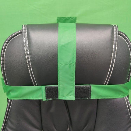 Folding E-Sports Background Cloth in Blue and Green - green side attached to black gaming chair headrest for streaming backdrop