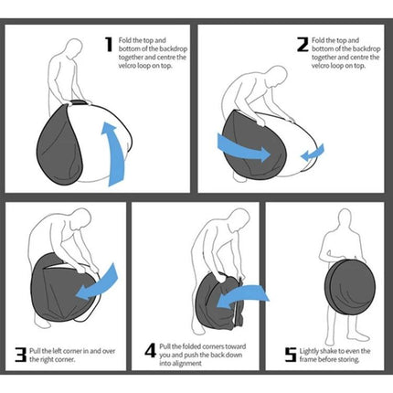 Folding Green Screen Backdrop for Photography and Video Use - instructional diagram showing step-by-step folding and compact storage