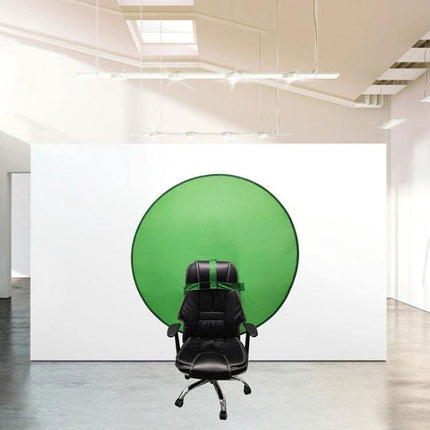 Folding Green Screen Backdrop for Photography and Video Use - compact round 190 Oxford cloth green screen set up behind office chair in studio