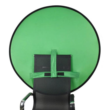 Folding Green Screen Backdrop for Photography and Video Use mounted on office chair for quick home ID photos and live broadcasts
