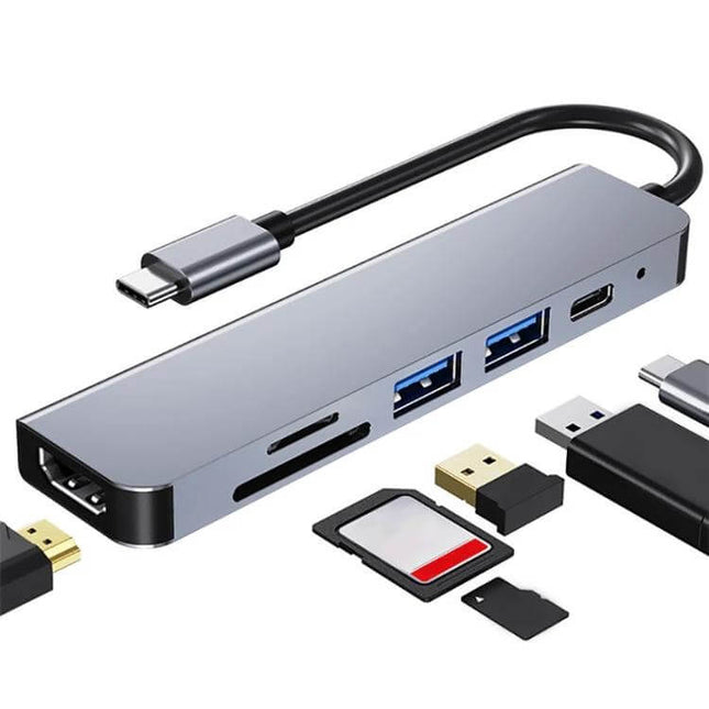 Versatile USB-C 6-in-1 Docking Station with HDMI and USB Ports slim aluminum hub showing HDMI, USB, SD card slots and USB-C cable