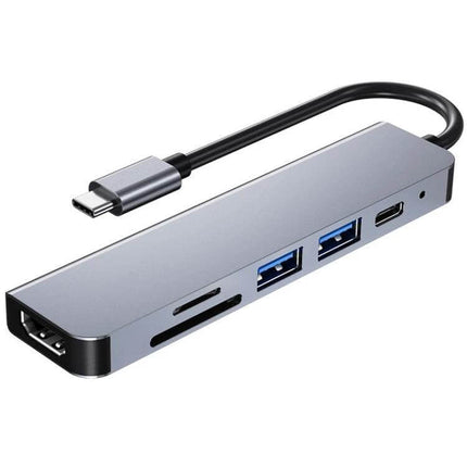 Versatile USB-C 6-in-1 Docking Station with HDMI and USB Ports shown in silver with HDMI, USB-A, USB-C and card reader ports