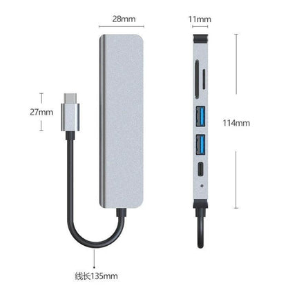 Versatile USB-C 6-in-1 Docking Station with HDMI and USB Ports slim aluminum hub showing HDMI, two USB-A, USB-C and card slots with dimensions