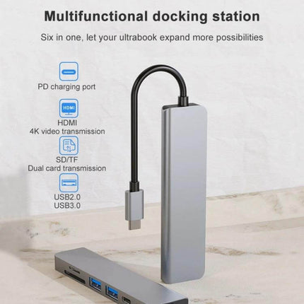 Versatile USB-C 6-in-1 Docking Station with HDMI and USB Ports - compact aluminum hub with HDMI, PD, SD/TF, USB3.0 ports for laptop productivity
