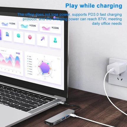 Versatile USB-C 6-in-1 Docking Station with HDMI and USB Ports connected to laptop showing monitor and charging setup