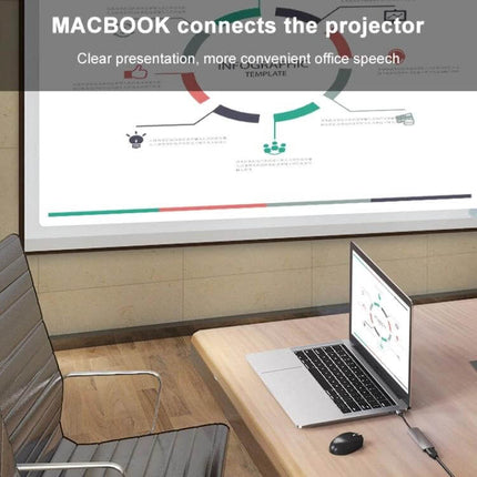 Versatile USB-C 6-in-1 Docking Station with HDMI and USB Ports showing a MacBook connected to a projector and peripherals on a conference table