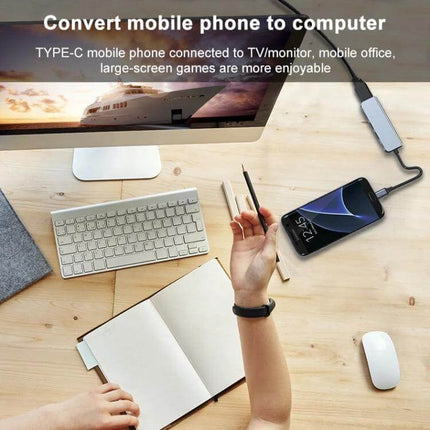 Versatile USB-C 6-in-1 Docking Station with HDMI and USB Ports showing phone connected to monitor and peripherals on a desk