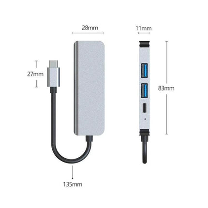 BYL USB-C Docking Station for Expanding Device Connections showing compact silver hub with two USB ports and cable dimensions