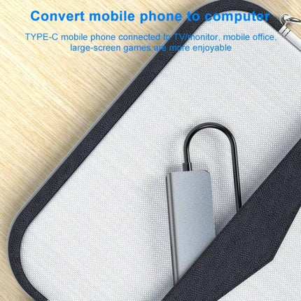 BYL USB-C Docking Station for Expanding Device Connections shown inside a travel case next to a smartphone for mobile video output