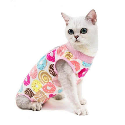Comfortable Outfit for Cats During Home Recovery Times - white cat wearing pink cotton recovery outfit with colorful donut pattern