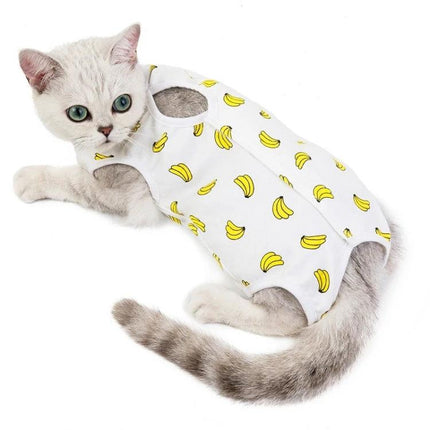 Comfortable Outfit for Cats During Home Recovery Times - white cotton recovery suit with yellow banana print on resting cat
