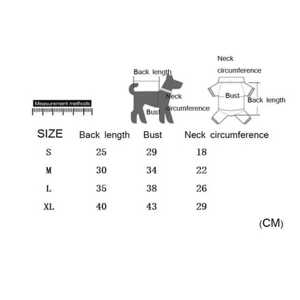 Comfortable Outfit for Cats During Home Recovery Times - size chart showing back length, bust, neck circumference in cm for S M L XL