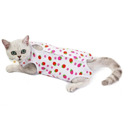 Comfortable Outfit for Cats During Home Recovery Times - pure cotton strawberry print recovery suit for post-surgery comfort