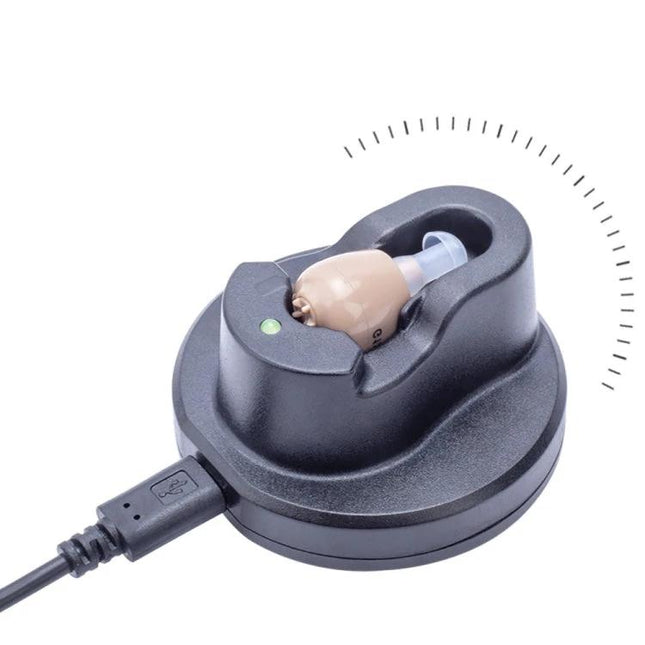 Z-12 Rechargeable In-Ear Hearing Aid with USB Cradle Charger showing beige in-ear device docked in USB cradle for charging