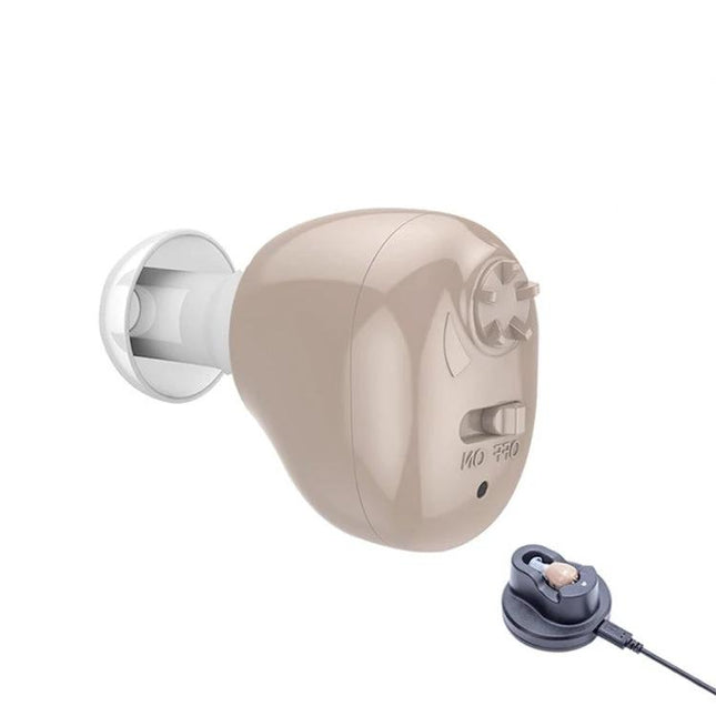 Z-12 Rechargeable In-Ear Hearing Aid with USB Cradle Charger shown in beige with USB charging cradle