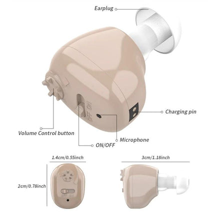 Z-12 Rechargeable In-Ear Hearing Aid with USB Cradle Charger beige in-ear device showing earplug, volume control, microphone and charging pin