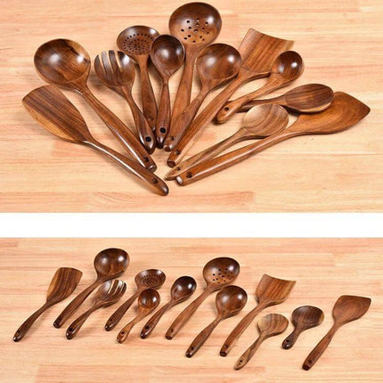 Teak Wood Kitchen Utensil Set Nonstick Pot Shovel And Spoons - 12-piece polished teak spoons, spatulas, ladles and rice scoop for nonstick cookware