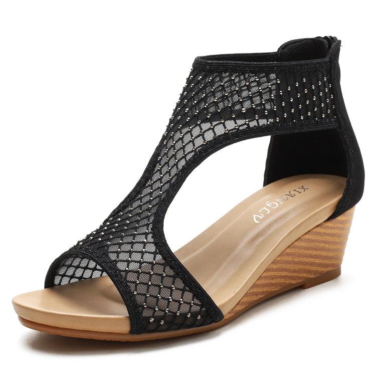 Stylish Bohemian Ladies Wedge Heel Sandals with Thick Sole and Mesh Design for Summer Casual Wear